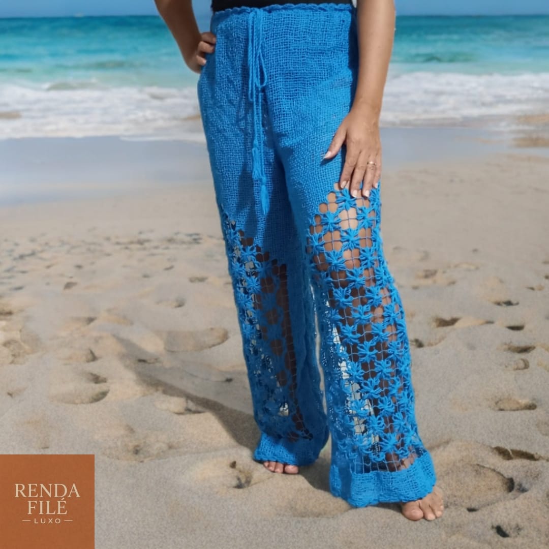 Calça Azul Claro - Calças de Renda Filé Artesanal - Loja Online