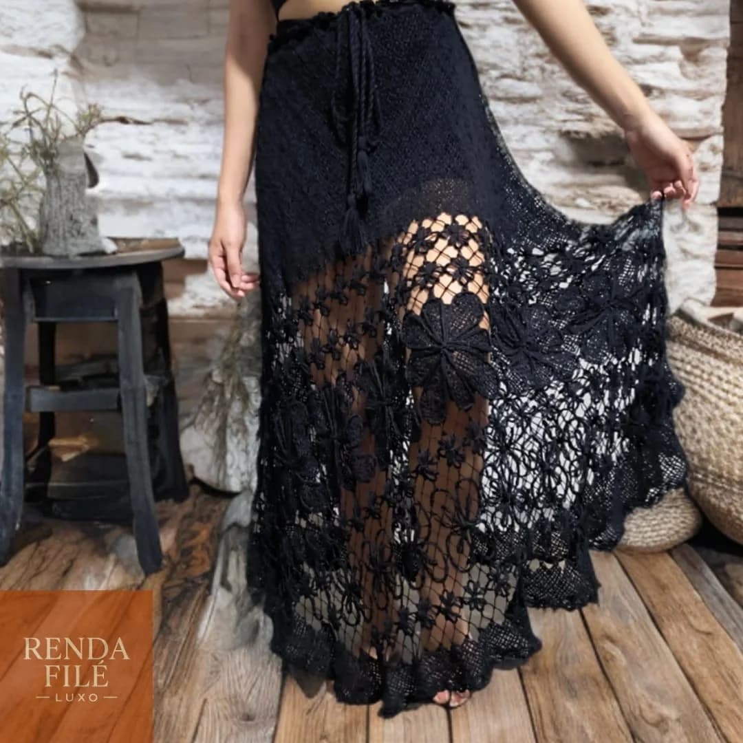 Saia Preta Elegante - Saias de Renda Filé Artesanal - Loja Online