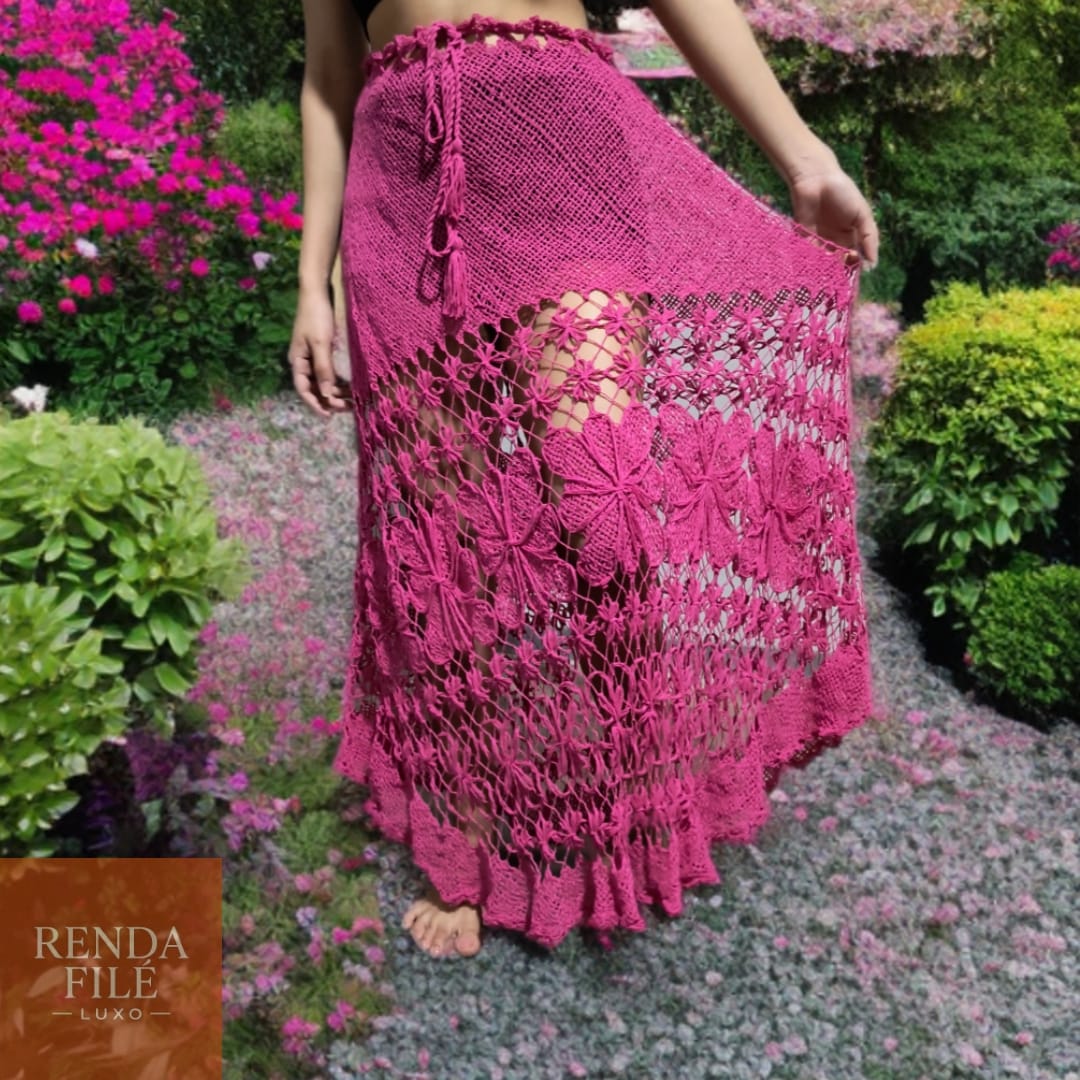 Saia Rosa Pink - Saias de Renda Filé Artesanal - Loja Online