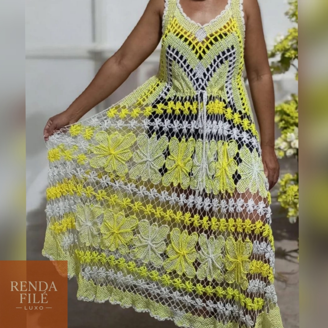 Vestido Amarelo e Branco - Vestidos de Renda Filé Artesanal - Loja Online