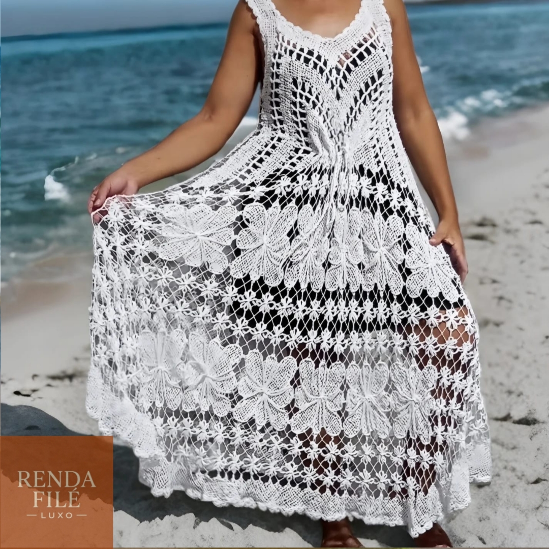 Vestido Branco Elegante - Vestidos de Renda Filé Artesanal - Loja Online