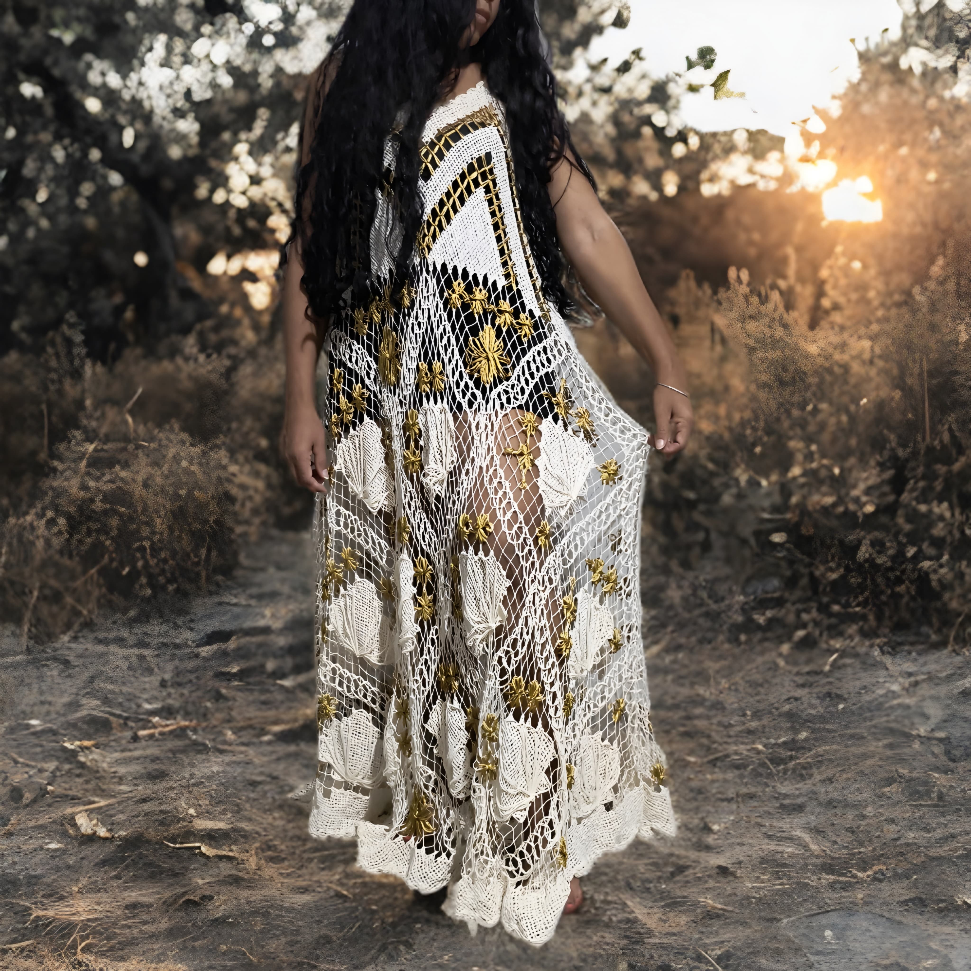 Vestido OFF-WHITE com Fio Dourado - Vestidos de Renda Filé Artesanal - Loja Online