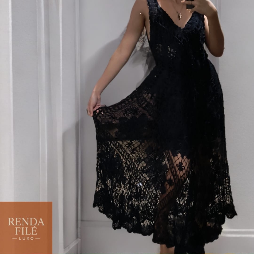 Vestido Preto Elegante - Vestidos de Renda Filé Artesanal - Loja Online