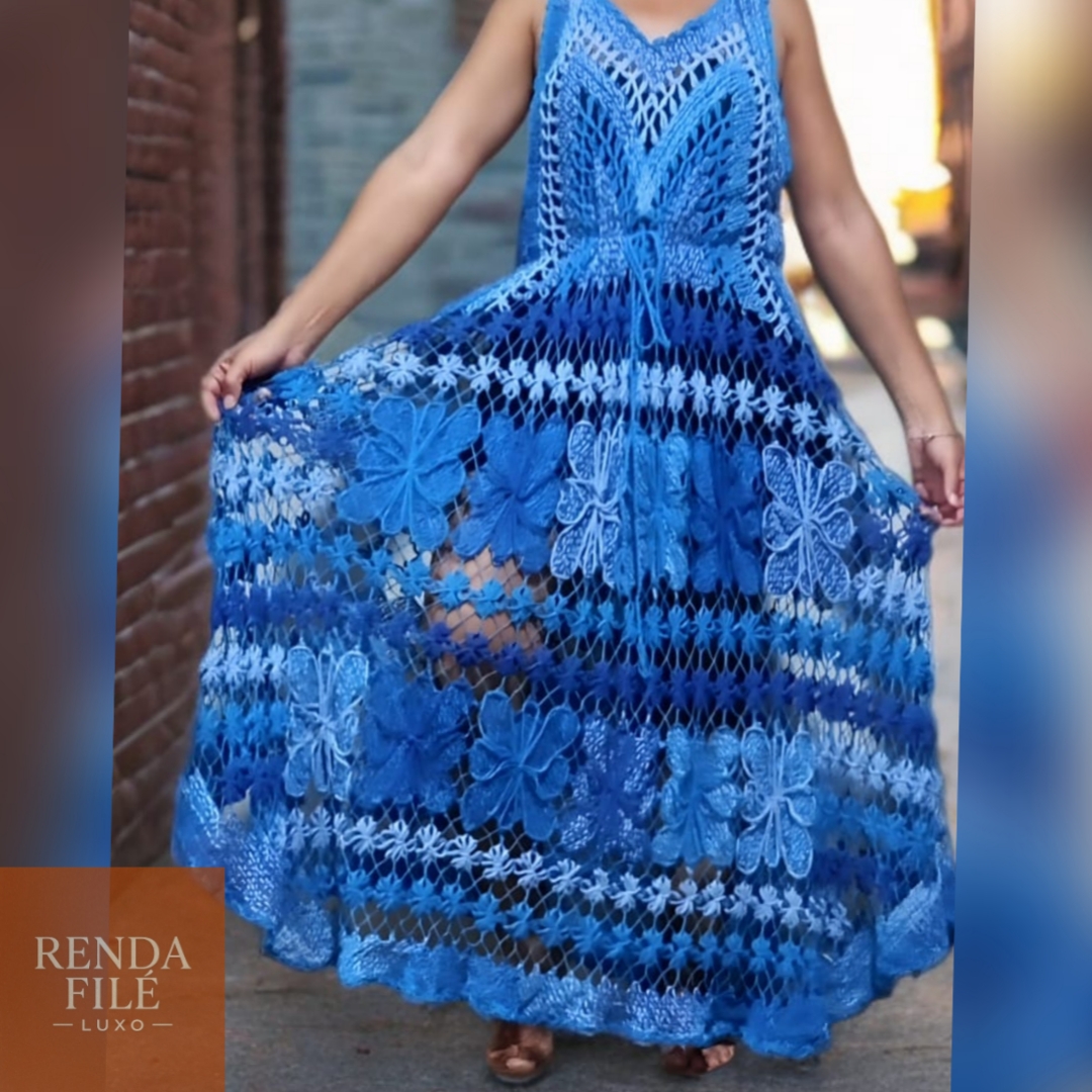 Vestido Azul Marinho - Vestidos de Renda Filé Artesanal - Loja Online