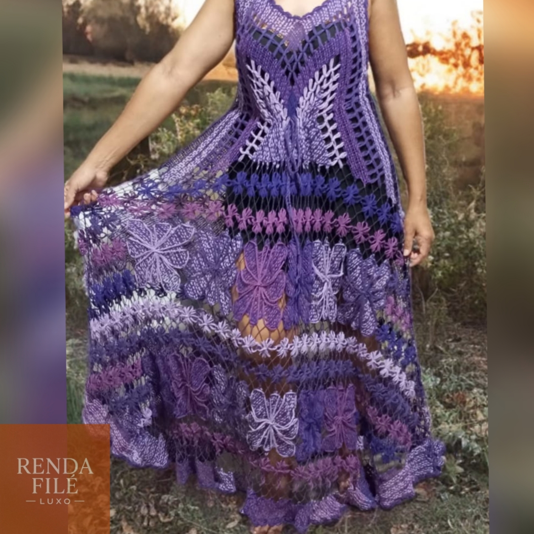Vestido Quatro Tons Roxo - Vestidos de Renda Filé Artesanal - Loja Online