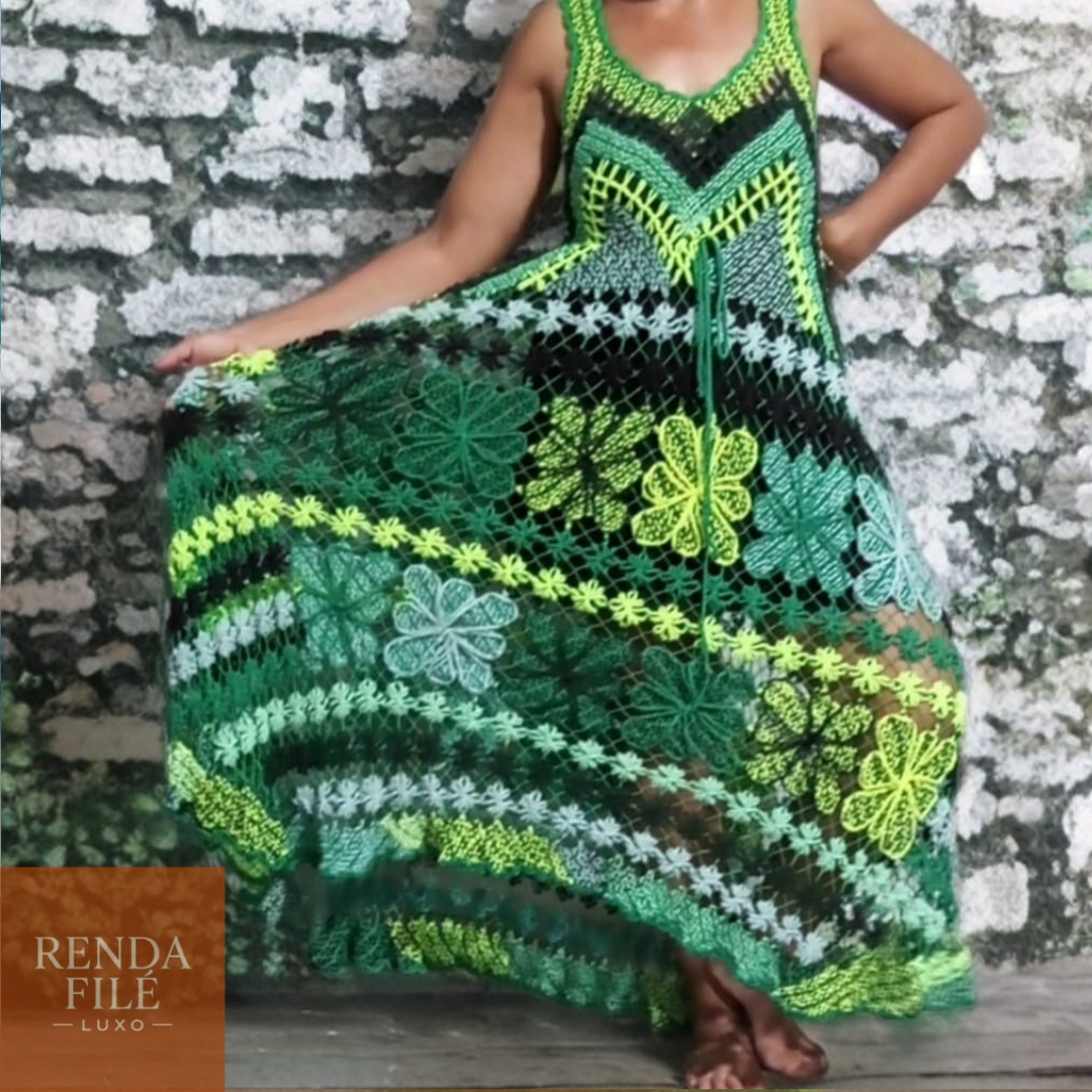 Vestido Quatro Tons Verde - Vestidos de Renda Filé Artesanal - Loja Online