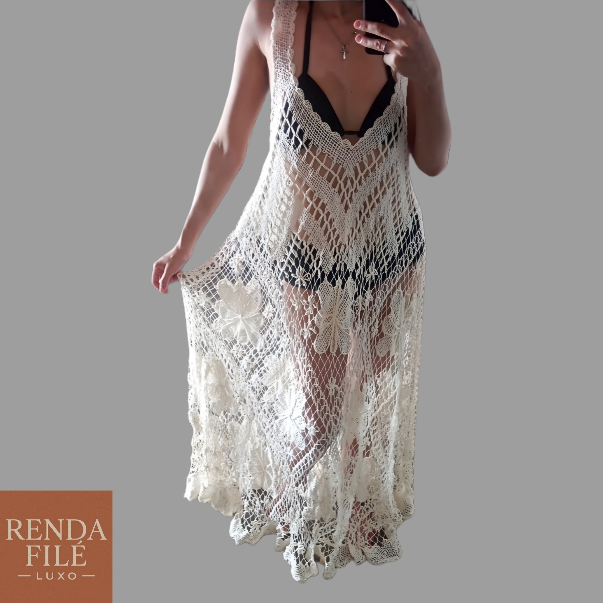 Vestido Off-White - Vestidos de Renda Filé Artesanal - Loja Online